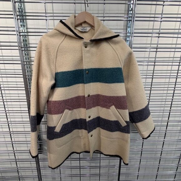 Vintage Woolrich Woman Hooded Blanket Coat with Stripes size M - Picture 1 of 5